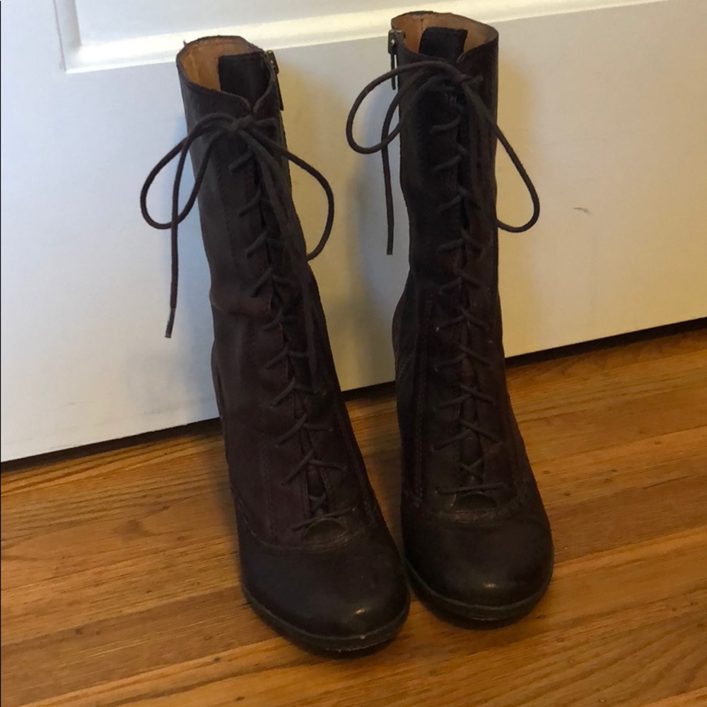 Frye leather lace up granny boots in burgundy